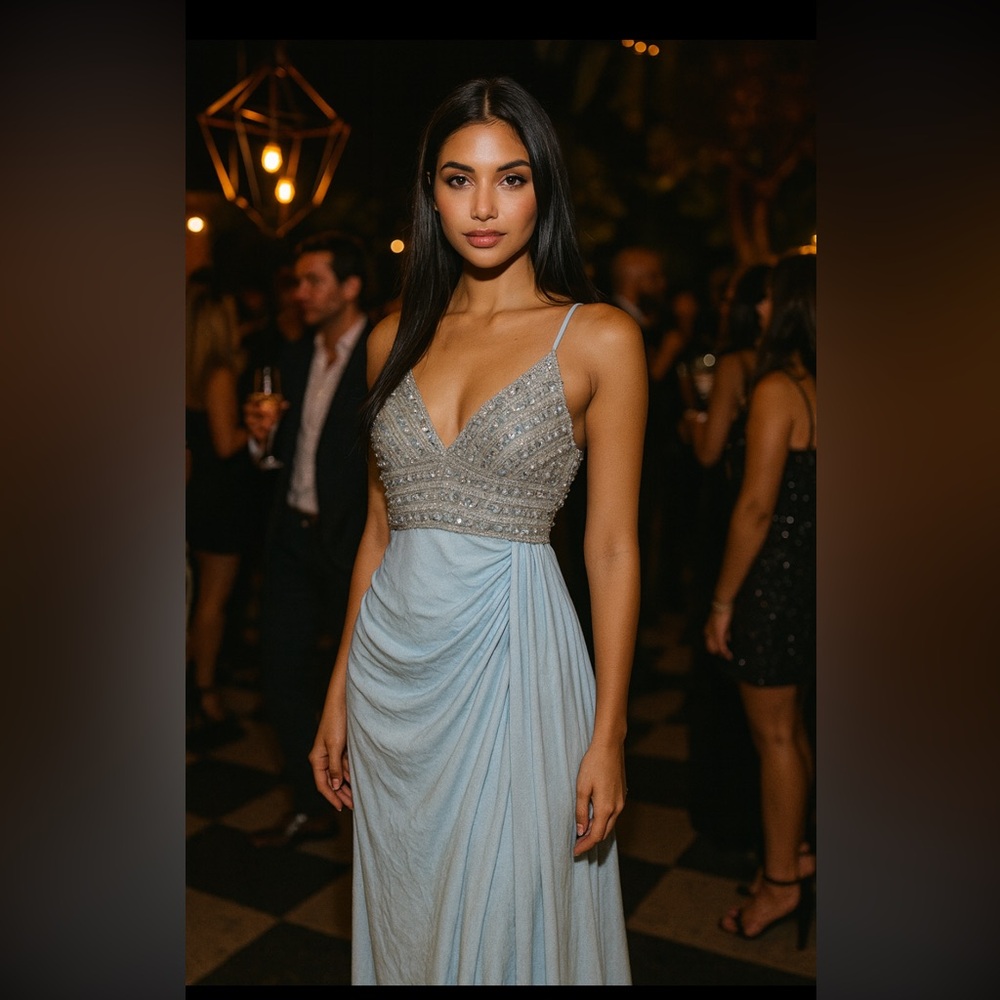 Mac Duggal Light Blue Beaded Prom Dress